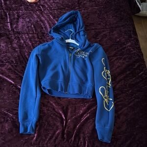 Ed Hardy Blue Hoodie with Gold Accents